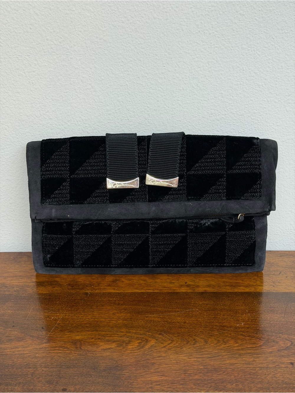 Giorgio Armani Black Velvet Wristlet Clutch Pouch Geometric Logo Pattern